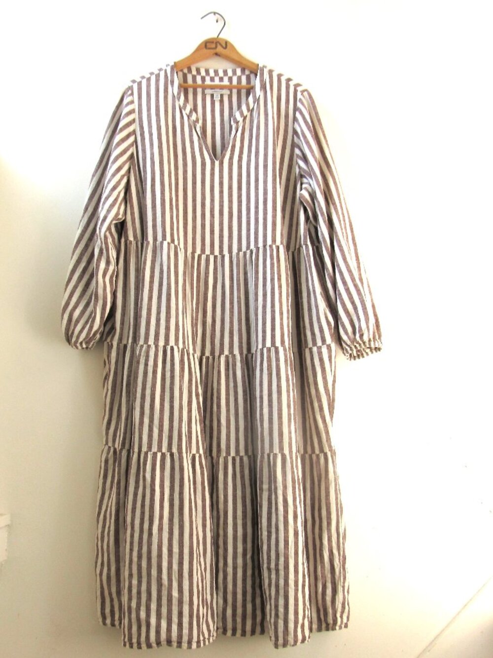 Marks & Spencer Linen Rich Striped V-Neck Midaxi Tiered Dress - Picture 5 of 8